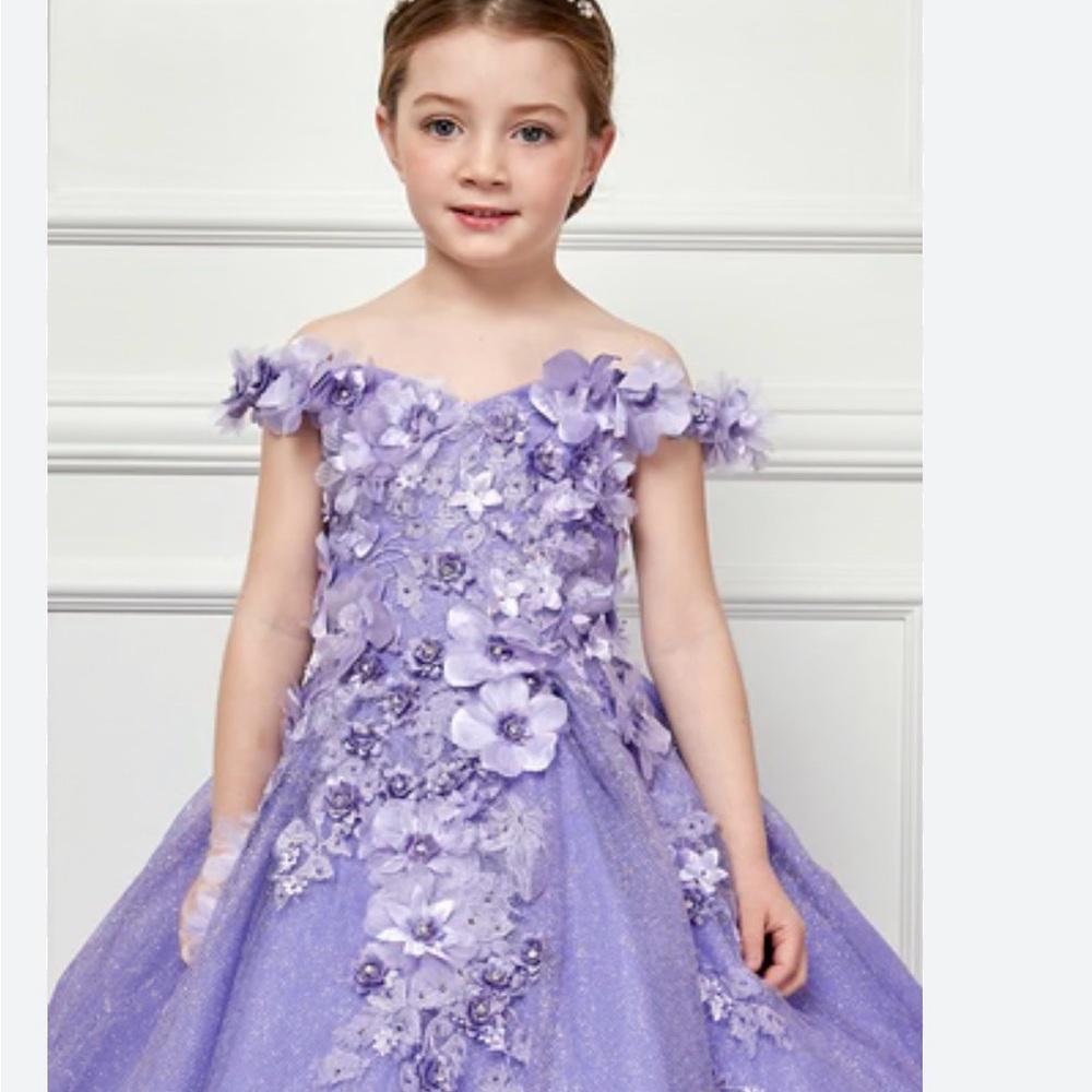 Bliss Big Girls Lilac 3D Floral Applique Off Shoulder size 4